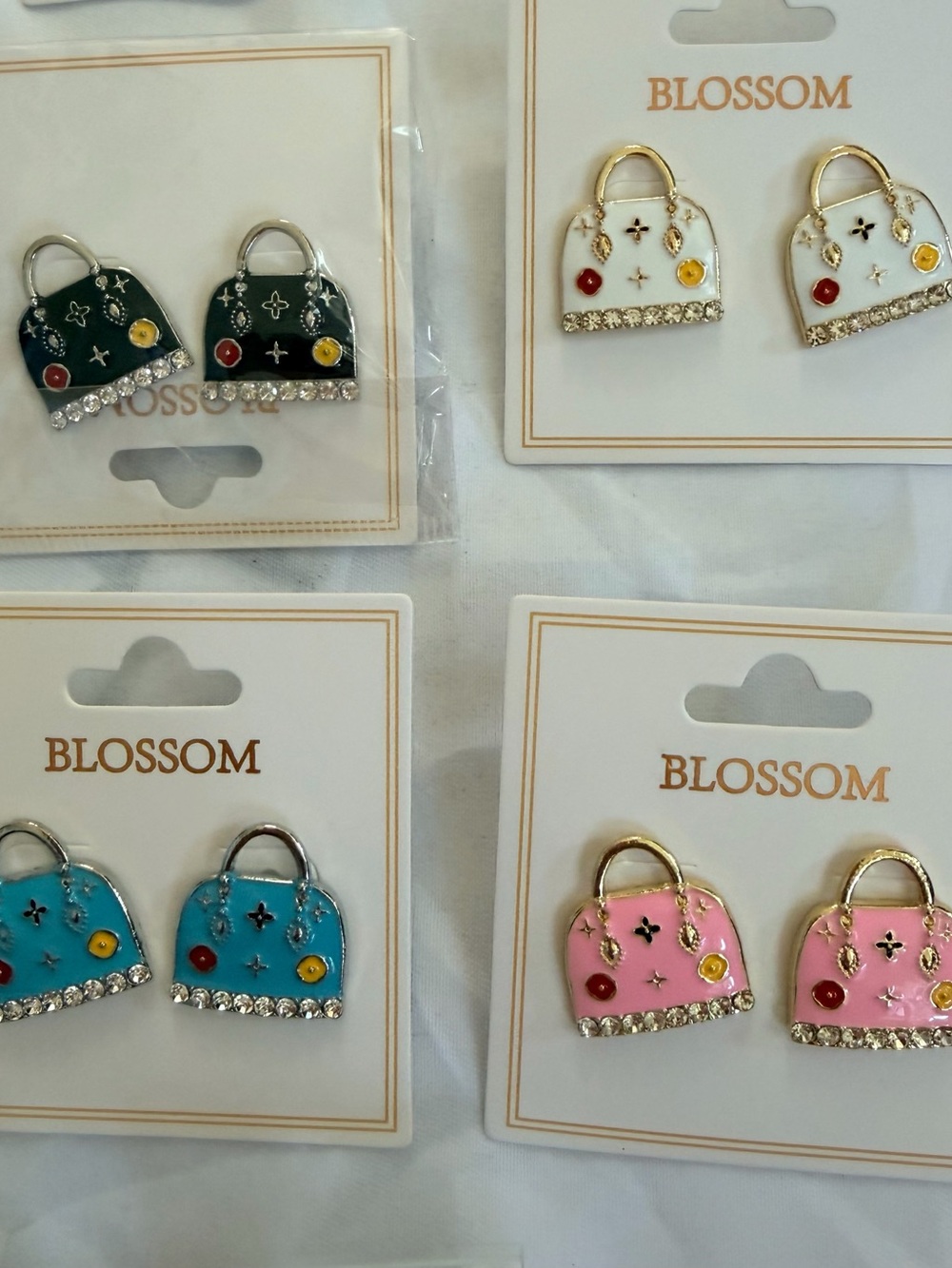 4 pair set  Pink ,black white , blue Stud Earrings - Cute Pink Tote Earrings